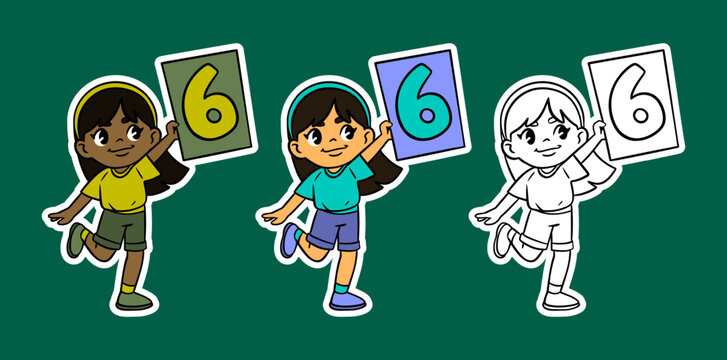 Cute Girls Holding Number Six Cartoon Illustration