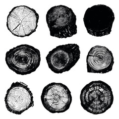 Vintage tree stump set with rings and bark hand drawn outline illustration