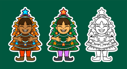 Happy Child in Christmas Tree Costume Cartoon Illustration