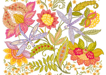 Fantasy flowers and dragonflies in retro, vintage, jacobean embroidery style. Seamless pattern, background. Vector illustration.