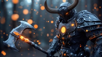 Powerful minotaur warrior holding glowing axe in fantasy forest setting