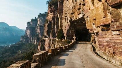 A winding road carved through towering sandstone cliffs with a tunnel entrance, set against a mountainous landscape.