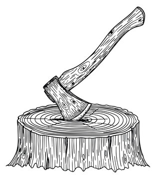 Hand drawn axe with tree stump illustration