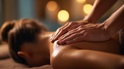 Spa massage therapy with relaxing back treatment in warm candlelight for wellness and stress relief