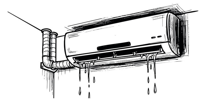 Air conditioner unit icon set with leaking water drip hand drawn outline illustration