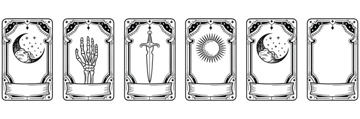 Tarot Frame Set with Sword and Skull, Hand Drawn Fantasy Borders, Mystic Divination Astrology Witchcraft, Medieval Vector Illustration