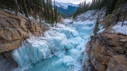 Frozen river gorge, icy waterfall