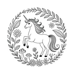 Beautiful unicorn surrounded by floral wreath and mushroom
