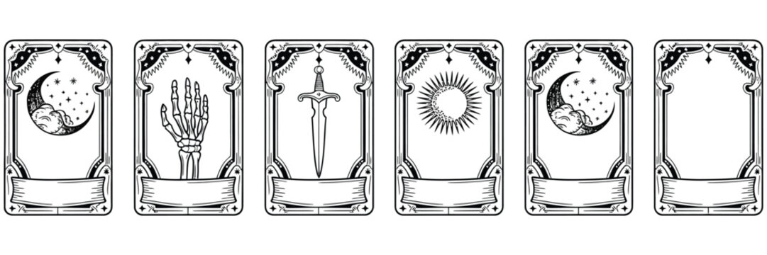 Tarot Frame Set with Sword and Skull, Hand Drawn Fantasy Borders, Mystic Divination Astrology Witchcraft, Medieval Vector Illustration