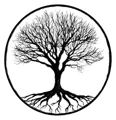 Tree icon with branches and roots black and white line art