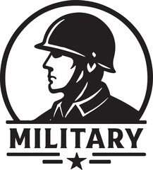 PrintMilitary soldier silhouette emblem, army logo design with helmeted man profile and star badge
