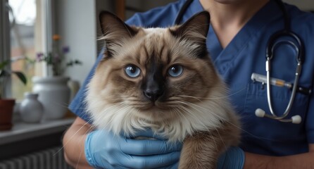 veterinarian examining a beautiful ragdoll cat with striking blue eyes in a clinic setting.