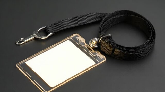 Blank id card holder with black lanyard on dark background
