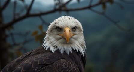 Fototapeta premium majestic bald eagle portrait with intense gaze and detailed plumage against a blurred natural background.