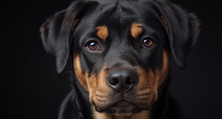 Obraz premium close-up portrait of a beautiful rottweiler puppy with expressive brown eyes against a dark background.