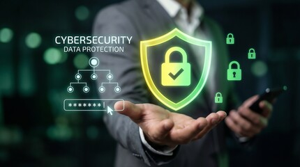 close-up of a businessman's hand holding a glowing holographic shield with a secure padlock icon inside. The interface displays a network tree structure and a password input field with asterisks. Gree