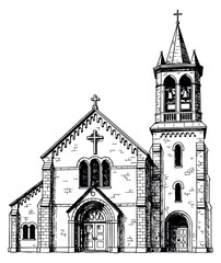 Fototapeta premium Church building vector illustration with bell tower hand drawn sketch