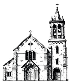 Church building vector illustration with bell tower hand drawn sketch