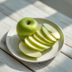 Fresh green apple with sliced pieces arranged on a light-colored plate, showcasing vibrant colors and textures, perfect for healthy eating concepts and culinary presentations