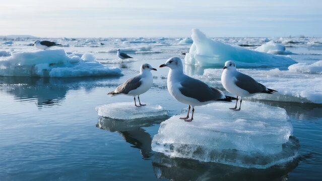 Seagulls standing on ice floes in a calm arctic water body with floating icebergs in the background - Powered by Adobe