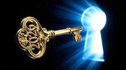 Unlocking the Future: Intricate 24K Gold Key 2026 Floating Towards Neon Keyhole