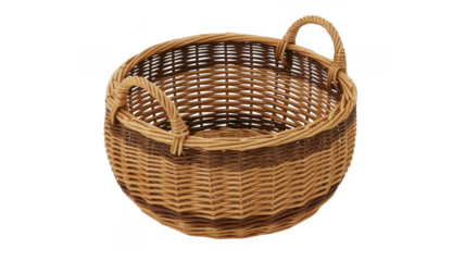 A wicker basket with two handles woven natural isolated on a transparent background