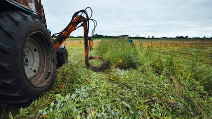 Agricultural tractor cutting grass with rotary mower, creating linear swaths on overcast farmland landscape © Довидович Михаил
