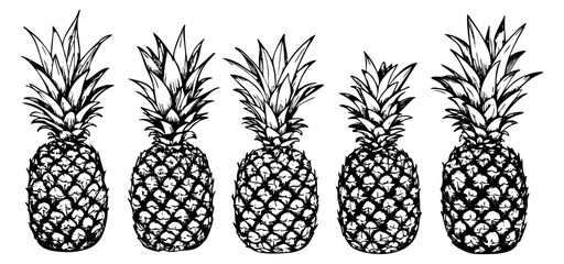 Fototapeta premium Vintage pineapple set with detailed texture and leaves hand drawn outline illustration