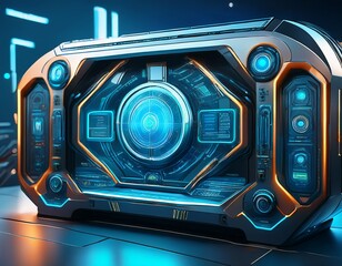 futuristic console with a complex holographic display