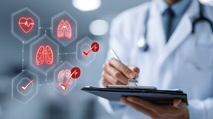 Doctor reviewing medical data icons white coat stethoscope