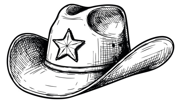 Western cowboy hat icon with sheriff star hand drawn sketch