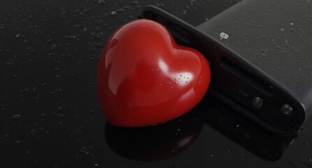 red heart and vintage floppy disk drive on wet reflective black surface, symbolizing lost love or data storage concepts.