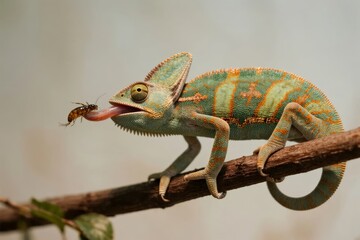 Chameleon catching insect with tongue on branch