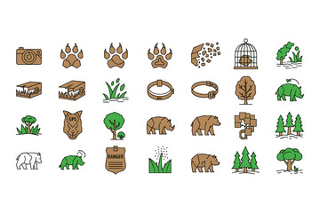 wildlife conservation and park ranger patrol icon set