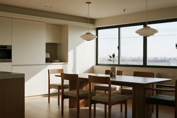 Fototapeta premium Modern minimalist dining area with wooden table and chairs, large windows, and sleek kitchen cabinetry