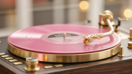 close-up of a pink vinyl record playing on a vintage-style turntable with gold details, showing analog music listening and retro audio aesthetics