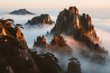 Majestic mountain peaks rise above a sea of clouds at sunrise, with pine trees clinging to rocky cliffs.