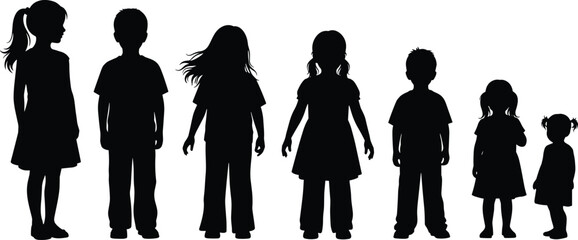 Kids silhouettes lineup illustration, boys and girls standing in different ages, childhood growth stages, black shadow children figures set, family vector design © MD. NUR ISLAM
