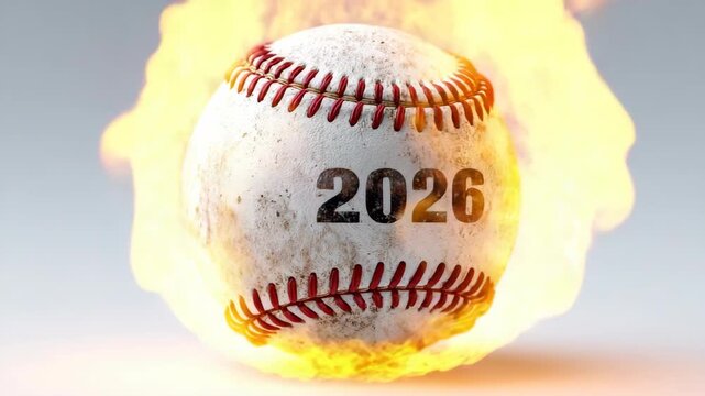 Fiery 2026 baseball on fire with flames and smoke
