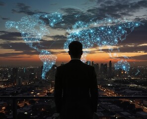 businessman overlooking a vibrant city skyline with a glowing digital world map overlay, representing global connection and future technology.