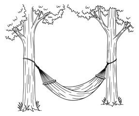 Simple hammock set with two trees black and white line art