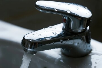 Close-up of a chrome faucet with water flowing and droplets on the surface