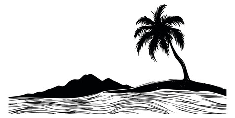 Naklejka premium Simple tropical island silhouette with palm tree and ocean waves black and white line art