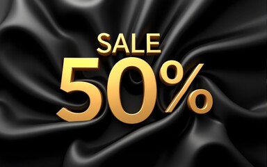 A golden "Sale 50%" sign on a black silk background, perfect for advertising and promotions. High quality