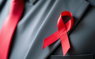 Close-up of a red ribbon pinned to a gray shirt, with a red tie in the background, symbolizing support and awareness. High quality
