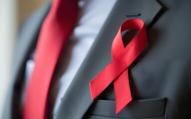 Close-up of a red ribbon pinned to a gray shirt, with a red tie in the background, symbolizing support and awareness. High quality