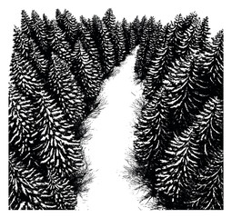 Black and white forest path illustration