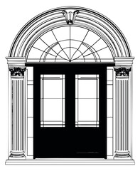Naklejka premium Classic door set with arch and columns black and white line art