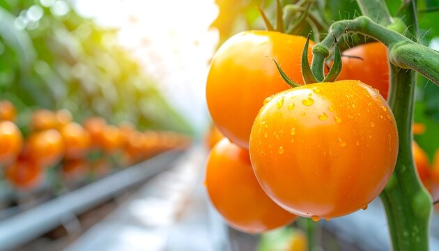 Ripe orange tomatoes cling to a vine in a greenhouse, glistening with droplets under warm sunlight - Powered by Adobe