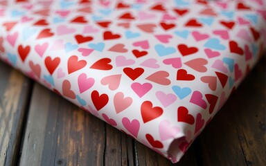 Colorful wrapping paper with heart patterns on dark wooden surface. High quality